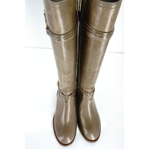 Tory Burch Beige Leather Calista Logo Knee Takk Riding Boots Size 5 Asphalt NIB - Picture 3 of 10